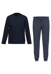 Marineblaue Langarmbluse mit V-Ausschnitt und Tasche, kombiniert mit passenden marineblauen Jogginghosen mit elastischem Bund und Bündchen.