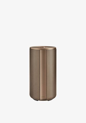 Pronssista valmistettu sylinterimäinen langaton kaiutin, jossa rei'itetty metalliverkko ja "BOSS"-logo etupaneelissa.