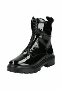 Botas de tobillo de charol negro con suela gruesa, cierre de cremallera lateral y tirador acanalado. Diseño elegante con un acabado suave y brillante.