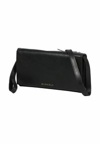 Clutch rettangolare nera in pelle con tracolla e logo dorato "BURKELY" sul fronte, vista angolata su sfondo bianco.