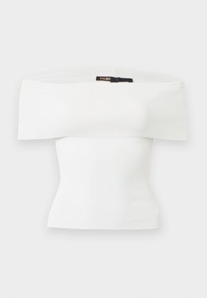 Balts plecu apsedzošs ribots trikotāžas tops ar plašu kakla izgriezumu un pieguļošu vidukli, attēlots uz vienkārša gaiša fona.