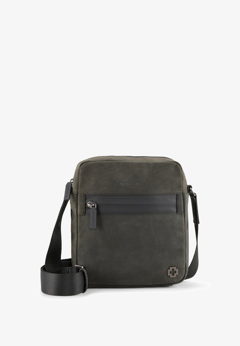 Borsa a tracolla in pelle grigia con una texture liscia, tasca frontale con zip e una tracolla staccabile e regolabile. Presenta un accento con logo.