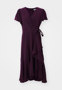 Rochie violet cu mâneci scurte evazate, decolteu adânc în V și volane suprapuse la tiv. Confecționată dintr-un material fin și ușor.