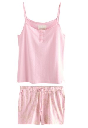 Rosa ärmelloses, geripptes Tanktop mit drei Knöpfen vorne, kombiniert mit hellrosa gemusterten Shorts mit Kordelzug.