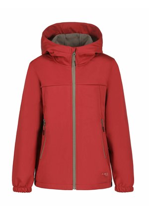 Chaqueta softshell roja con capucha, cremallera frontal, bolsillos laterales con cremallera, puños elásticos y forro de polar en el interior de la capucha.