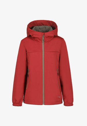 Giacca softshell rossa con cappuccio, cerniera frontale, tasche laterali con cerniera, polsini elastici e fodera in pile all'interno del cappuccio.