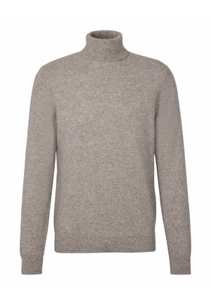 Pull à col roulé marron clair en tissu doux et texturé. Comprend des manches longues ainsi qu'un col et des poignets côtelés.