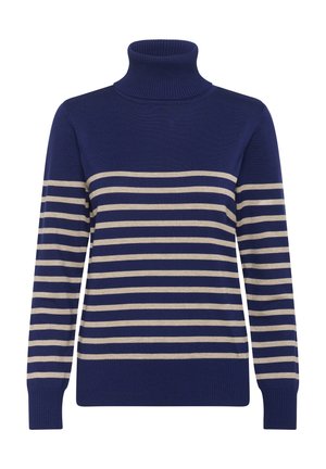 Pull à col roulé bleu marine avec des rayures horizontales beiges. Confectionné dans un matériau doux, avec des poignets et un ourlet côtelés. Design simple et classique.