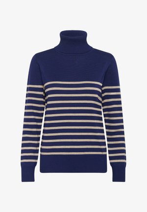 Tumesinine kaelusega kampsun horisontaalsete beežide triipudega. Valmistatud pehmest materjalist, millel on soonilised mansetid ja ääred. Lihtne, klassikaline disain.