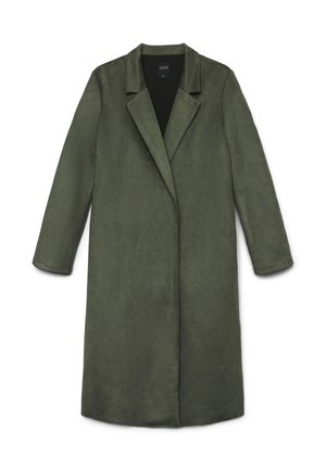 Cappotto verde oliva con una texture liscia e simile alla pelle scamosciata, caratterizzato da un collo a punte, maniche lunghe e un design aperto davanti.