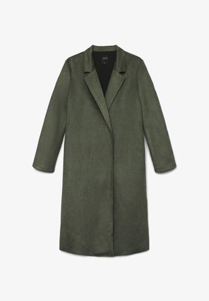 Cappotto verde oliva con una texture liscia e simile alla pelle scamosciata, caratterizzato da un collo a punte, maniche lunghe e un design aperto davanti.