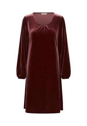 Abito in velluto a maniche lunghe di un profondo bordeaux con dettaglio di scollatura arricciata e polsini elastici, di lunghezza al ginocchio e di vestibilità ampia.