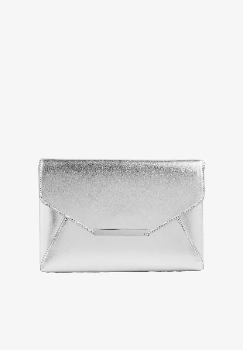 Silver metallic clutch bag with an envelope design, featuring a smooth texture, a flap closure, and a sleek silver hardware accent.