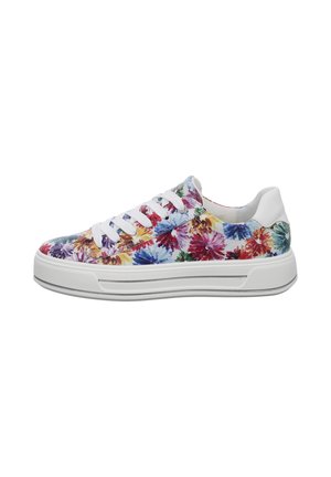 Floral sneaker featuring a multicolored pattern on fabric upper, white rubber sole, and matching laces. Rounded toe and low-profile design.