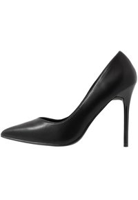 Schwarzer Leder-Pumps mit hohen Absätzen, spitzer Zehenform und glatter Textur. Verfügt über einen Stilettoblockabsatz und ein elegantes Design.