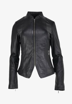 Zwarte leren jas met een hoge kraag, ritssluiting aan de voorkant, zijzakken met rits en getextureerde schouderaccenten. Fitted ontwerp met taps toelopende mouwen.