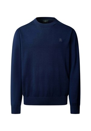 Jersey azul marino con cuello redondo, mangas largas, puños y bajo acanalados, y pequeño logo bordado en el pecho izquierdo.