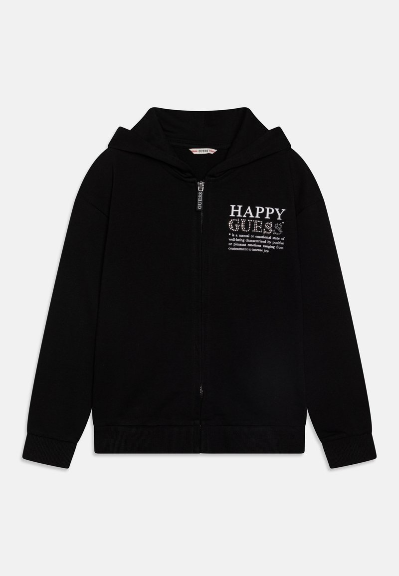 Sudadera negra con cremallera fabricada en algodón. Cuenta con capucha, puños de canalé y un diseño impreso en blanco que dice "HAPPY GUESS" en el frente.