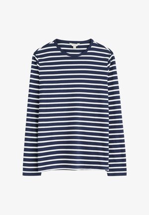 Chemise à manches longues à rayures horizontales bleu marine et blanches. Tissu en coton doux, encolure ras du cou, ourlet droit avec fentes latérales pour plus de confort.