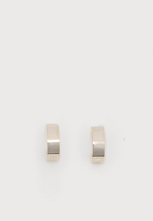 Par av små, polerte sølvøreringer med glatte, buede overflater på en ensfarget hvit bakgrunn.