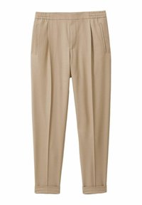 Pantalones beige a medida con frontal plisado, cinturilla elástica, bolsillos laterales y piernas ajustadas, con una textura suave y dobladillos con puños.