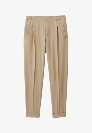 Beige maßgeschneiderte Hose mit gefaltetem Bund, elastischem Taillenbund, seitlichen Taschen und zulaufenden Beinen, mit einer glatten Textur und gekrempelten Säumen.