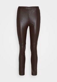 Leggings de cuero marrón con un diseño elegante, que presentan una forma ajustada y un discreto detalle de cremallera lateral. Textura suave y acabado brillante.
