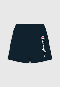 Granatowe szorty sportowe z elastycznym pasem, z białym logo "Champion" i czerwonymi akcentami po bokach.