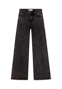 Jeans de pierna ancha en denim gris oscuro, con una cintura alta, diseño clásico de cinco bolsillos y costuras de contraste a lo largo de las costuras.