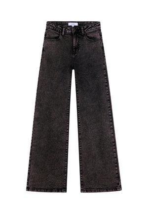 Jeans de pierna ancha en denim gris oscuro, con una cintura alta, diseño clásico de cinco bolsillos y costuras de contraste a lo largo de las costuras.