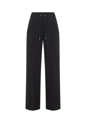 Black wide-leg pants with elastic waistband and drawstring, front pockets, and crease detail down the legs.