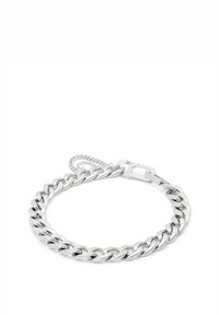 Silver chain bracelet featuring interlocking links, smooth texture, and a secure clasp. Simple design with a polished finish.