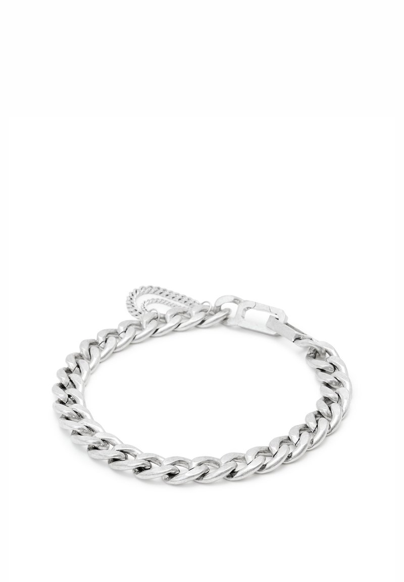 Silver chain bracelet featuring interlocking links, smooth texture, and a secure clasp. Simple design with a polished finish.