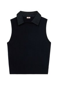 Mouwloze gebreide top in marineblauw, met een contrasterende donkergrijze kraag. Zachte textuur met een getailleerd silhouet en geribbelde zoom.
