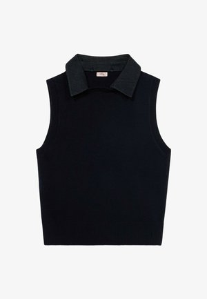 Mouwloze gebreide top in marineblauw, met een contrasterende donkergrijze kraag. Zachte textuur met een getailleerd silhouet en geribbelde zoom.