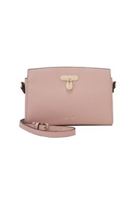 Różowa skórzana torebka na ramię o usztywnionej konstrukcji, z zamknięciem w kolorze złotym i regulowanym paskiem, z wytłoczonym logo "Calvin Klein".