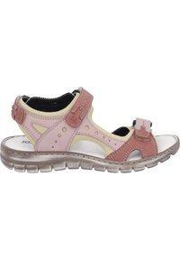 Růžové a žluté otevřené sandály s nastavitelnými popruhy, perforovaným designem, polstrovanou stélkou a gumovou podešví.