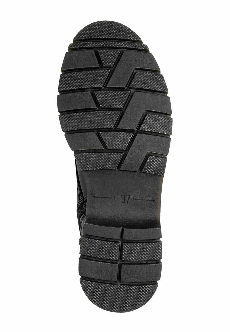Schwarze Gummistiefelsohle mit einem robusten Profilmuster. Verfügt über Rillen für besseren Halt und ist in der Größe 37 gekennzeichnet. Texturierte Oberflächen sind durchgehend vorhanden.
