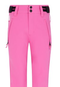 Felle roze skibroek met een gladde textuur, voorzien van twee ritszakken aan de zijkant, dubbele knopen bij de taille en een zwarte accentriem.