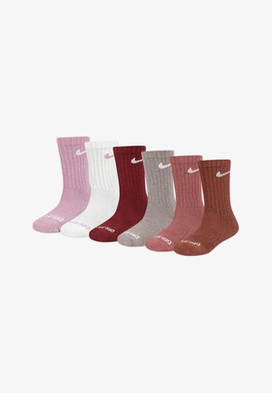 Set of six ribbed socks in pink, white, maroon, brown, and grey. Features cushioned soles and contrasting embroidered logos on the cuffs.