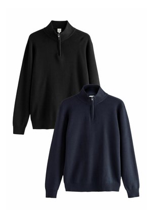Dos jerséis: uno negro y uno azul marino oscuro, con cuello con cremallera, puños y dobladillo acanalados, hechos de un tejido de punto suave.