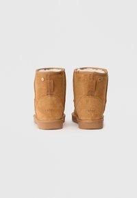 Botas de tornozelo em camurça castanha com forro de pelúcia sintética, solas planas, abas traseiras para puxar e detalhe em metal na parte de trás.