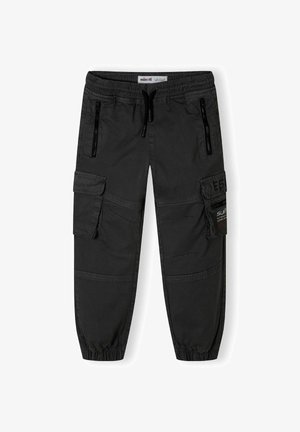 Crne cargo hlače s elastičnim strukom, višestrukim džepovima, zatvorenim bočnim džepovima i manžetama. Izrađene od izdržljivog materijala s mat završnom obradom.