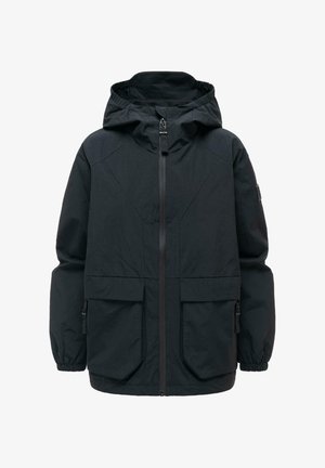 Schwarze Kapuzenjacke mit Frontreißverschluss, zwei großen Klappentaschen, elastischen Bündchen und dezenten Nahtdetails an Brust und Ärmeln.