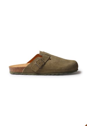 Olive green suede slip-on clog with cork sole and adjustable metal buckle strap on the side.