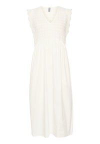 Bílá bavlněná šaty s výstřihem do V, krátkými volánkovými rukávy, texturovaným živůtkem s diamantovým vzorem a splývavou sukní.