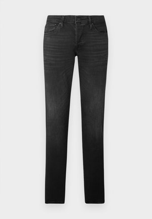 Black denim jeans with a slim fit, featuring two front pockets, one back pocket, and subtle fading along the legs for texture.