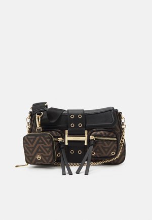 Black and brown patterned handbag with gold zippers, chain strap, and two small front zippered pockets, and a detachable small pouch.