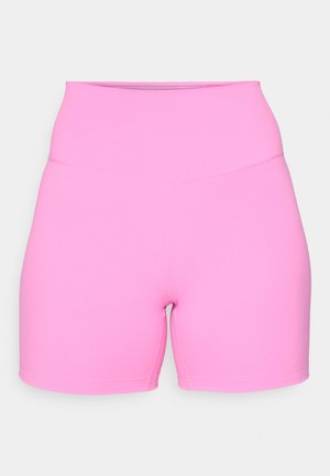 Pink high-waisted shorts made of stretchy fabric, featuring a smooth texture and short leg length, with flat seams for comfort.
