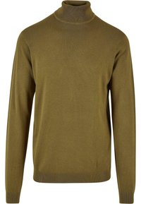 Olivgrüner Rollkragenpullover aus glattem Strickstoff, mit langen Ärmeln und einem enganliegenden Rippkragen sowie -saum.